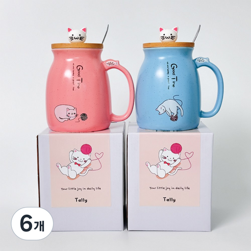 고양이 예쁜 머그컵 [ 뚜껑세트 카페컵 생일선물 도자기컵 여친 남친 선물 홈카페 나혼자산다 답례품 개업선물 합격선물 윤스테이 뚜껑컵 집들이선물 귀여운 고양이 티스푼 ], 핑크, 6개