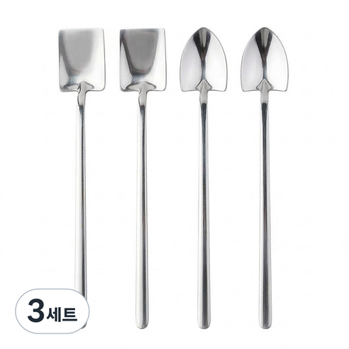 제로앤나인 삽모양 스테인리스 롱 티스푼 네모2p+세모2p, 3세트, 실버