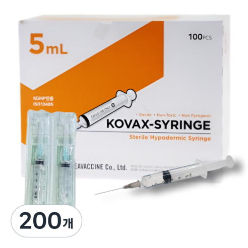 한국백신 일회용 주사기 5cc 23g 100p 멸균 개별포장 의료용 바늘, 200개, KOVAX-SYRINGE 5mL 23G 1 200개, KOVAX-SYRINGE 5mL 23G 1