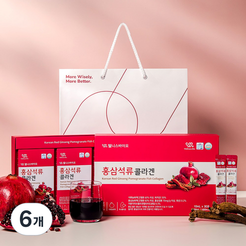 6년근 홍삼 석류 콜라겐 쇼핑백 저분자 피쉬 펩타이드 스틱, 6개, 300g