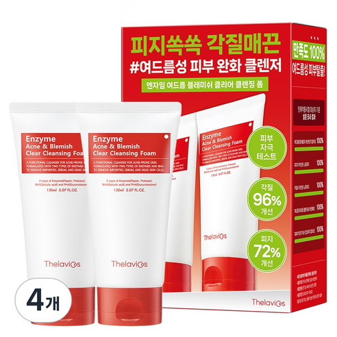 테라비코스 엔자임 여드름 블레미쉬 클리어 폼 클렌징 트러블 좁쌀여드름 화농성여드름 피부결정돈 진정 모공수렴 유수분밸런스 각질케어 약알칼리성 살리실산 피부진정 저자극 피지개선, 4개, 150ml