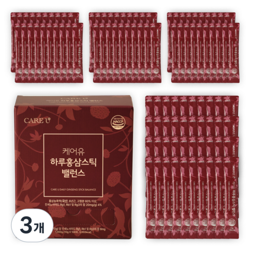 케어유 홍삼스틱 고려 홍삼정 진액 국내산 6년근 진세노사이드 하루 밸런스 100포, 100회분, 3개