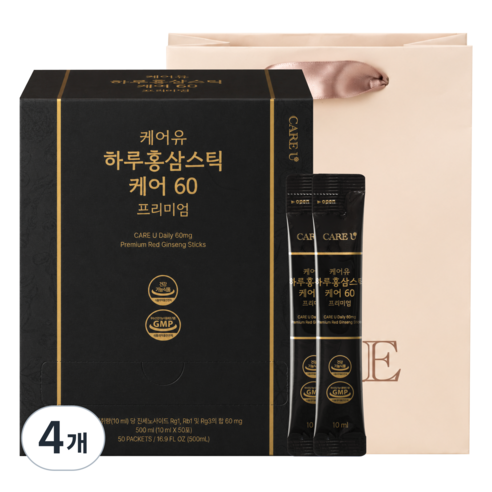 케어유 케어60 프리미엄 6년근 진세노사이드 60mg 고려 홍삼스틱 + 쇼핑백, 4개, 50회분