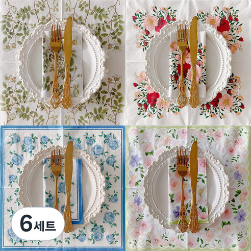 오릴리 파티 플라워 디자인 종이 냅킨 18탄, 6세트, 20개입, 썸머 블루+블룸 플라워 M 33cm