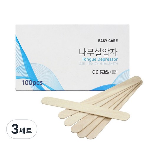 이지케어 설압자 100개 일회용 나무 혀누르개 스파출라 의료용 스틱 스파츌라 스파츌러, 3세트
