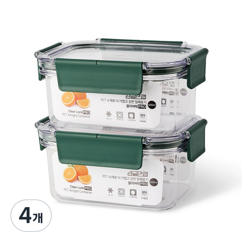 고투명 트라이탄 밀폐용기 세트 반찬통 국산 싱글만랩, 600ml(그린), 4개