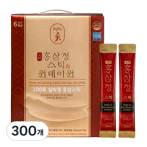 6년근 홍삼스틱 진세노사이드 1포당 11.8mg 원데이원타임 100포 [국내산], 300개, 10ml