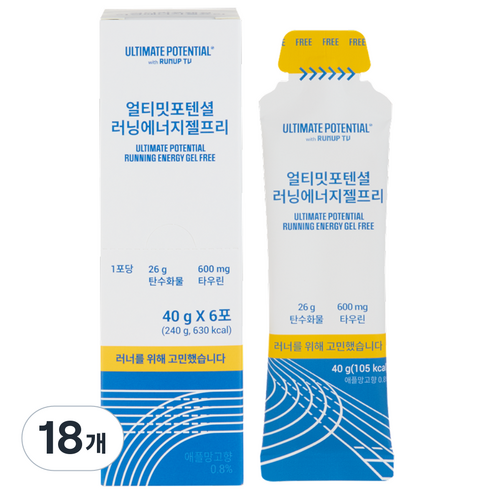 얼티밋포텐셜 러닝에너지젤프리 탄수화물 팔라티노스 타우린 러닝 마라톤 파워젤(40g/6포), 40g, 18개