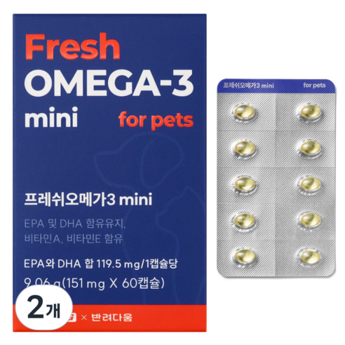 반려다움 강아지 오메가3 고양이 미니 영양제 순도80% rTG 비타민 함유, 2개, 심장/간, 60정