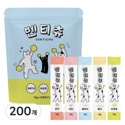 벤티츄 짜먹는 고양이간식 대용량, 200개, 12g, 혼합맛(북어/산양유/열빙어/연어/치킨)