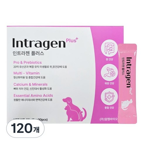 [26년 5월 제조] 인트라젠 플러스 강아지 유산균 종합영양제 반려동물 영양제, 2g, 장건강/유산균, 120개