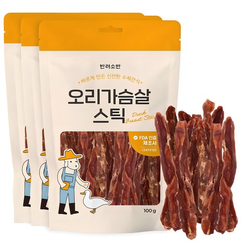 반려소반 강아지 건강한 수제간식 육포, 오리가슴살, 100g, 3개 골드박스 특가