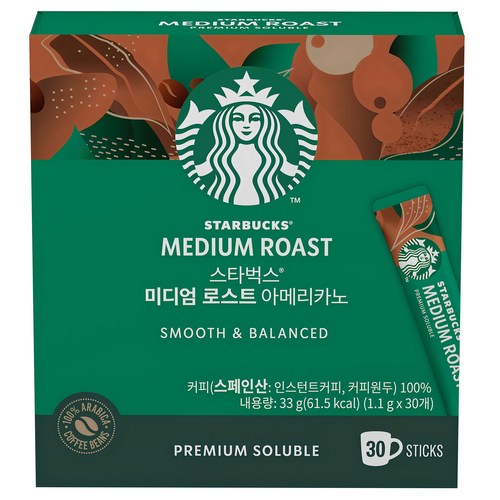 스타벅스 미디엄 로스트 아메리카노 원두커피믹스, 1.1g, 30개입, 1개 골드박스 특가