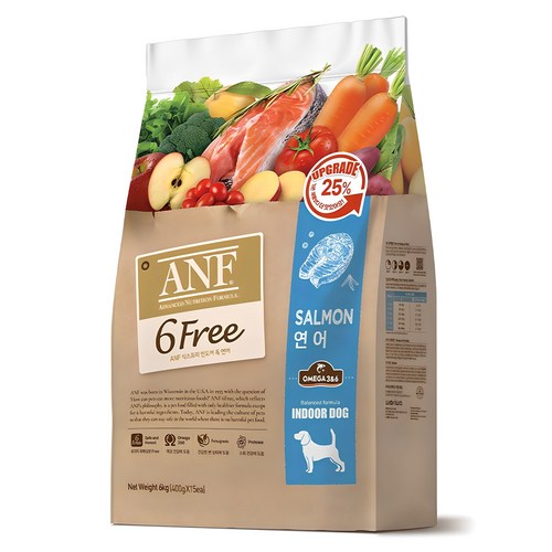 ANF 생후 4개월 이상 인도어 독 식스프리 건식사료, 연어, 6kg, 1개 골드박스 특가