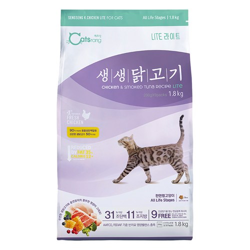 캐츠랑 고양이 생생닭고기 기능성 사료, 헤어볼, 1.8kg, 1개 골드박스 특가