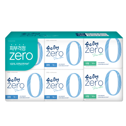 순수한면 제로 순면 생리대 날개형 중형 16p x 4팩 + 대형 14p x 2팩, 1세트 골드박스 특가