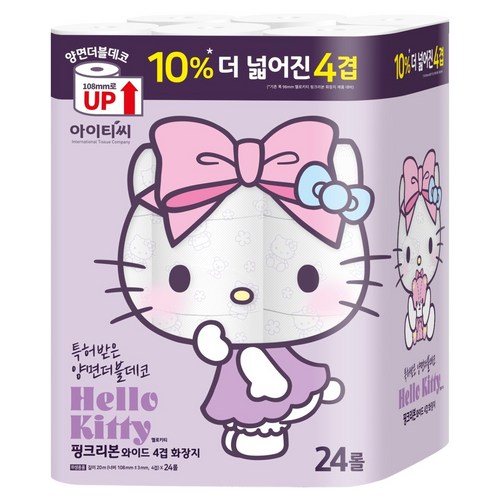 ITC 헬로키티 더 넓은 핑크리본 와이드 4겹 천연펄프 양면더블데코 화장지, 1개, 24롤, 20m 골드박스 특가