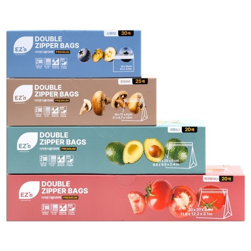 이지엔 EZn이지엔 프리미엄 더블지퍼백 소형 30p + 중형 25p + 대형 20p + 특대형 20p 세트, 혼합, 1세트, 95개입 골드박스 특가