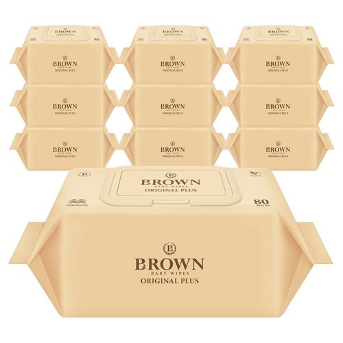 브라운 오리지널 플러스 도톰한 엠보싱 저자극 아기 물티슈 캡형, 55g, 80매, 10개 골드박스 특가