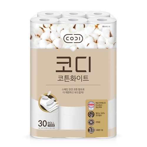 코디 코튼화이트 3겹 천연펄프 롤화장지, 30m, 30롤, 1개 골드박스 특가