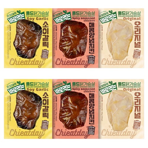 바로먹는 풀드 닭가슴살 오리지널맛 100g + 매콤양념치킨맛 100g + 소이갈릭맛 100g 세트, 2세트 골드박스 특가