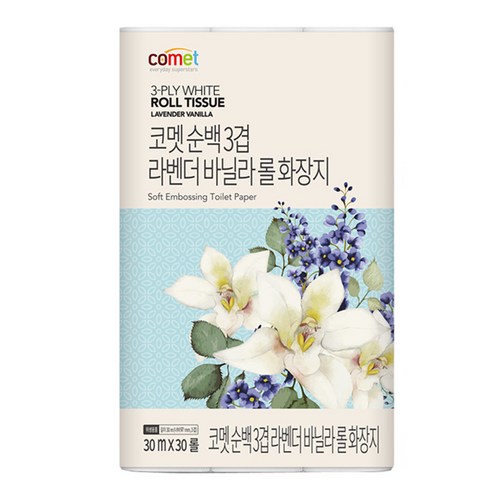 코멧 순백 3겹 라벤더 바닐라 롤화장지, 30m, 30개입, 1개 골드박스 특가