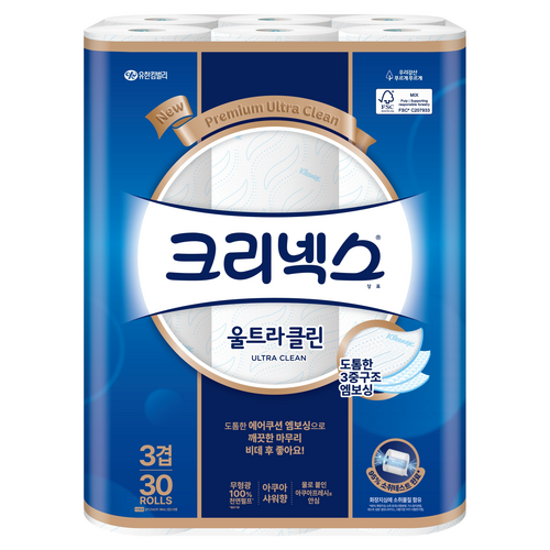 울트라클린 천연펄프 3겹 고급롤화장지, 27m, 30개입, 1개 골드박스 특가