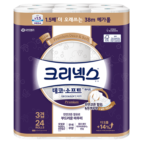 데코 앤 소프트 화이트 천연펄프 3겹 고급롤화장지, 38m, 24개입, 1개 골드박스 특가