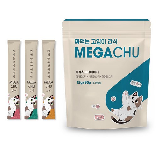 다시 돌아온 메가츄 짜먹는 고양이 간식 츄 90스틱 대용량, 연어+치킨+참치, 15g, 90개 골드박스 특가