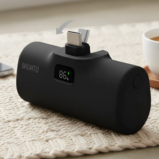 바우아토 난연 단자 접이식 PD 20W 고속 충전 미니 일체형 도킹형 보조배터리 5000mAh C타입, 블랙(D-B-02012), 블랙