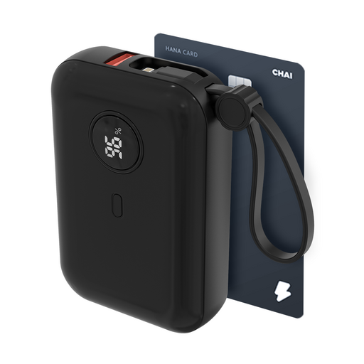 바우아토 난연 PD 22.5W 고속 입출력 케이블 일체형 미니 보조배터리 10000mah, 블랙, 블랙