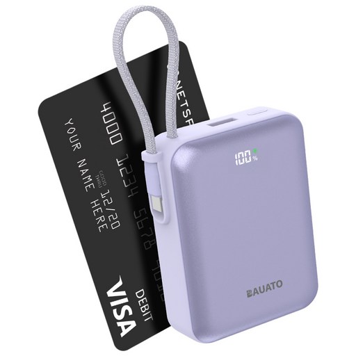 바우아토 포켓팝 케이블 일체형 미니 대용량 보조배터리 10000mAh C타입, 파스텔퍼플, D-B-0260