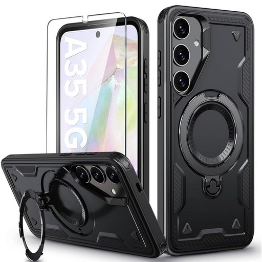 삼성 갤럭시 A35 케이스 마그네틱 스탠드 포함 Mag-Safe 포함 액정보호필름 포함 무선 충전 삼성 A35 5G 휴대폰 케이스 링 홀더 커버 삼성 A35용 블랙