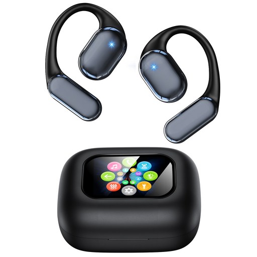 DAICOO 귀걸이형 무선 블루투스 이어폰 터치스크린 LCD 디스플레이 오픈형 고음질 C타입, 블랙, S13