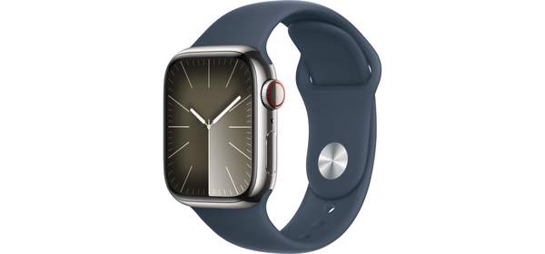 Apple 애플워치 9 GPS+Cellular, 41mm, 스테인리스 스틸, 실버 / 스톰 블루 스포츠 밴드, S/M