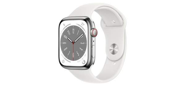 Apple 애플워치 8 GPS+Cellular, 45mm, 스테인리스 스틸, 실버 / 화이트 스포츠밴드 1