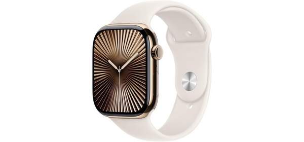 애플워치 시리즈10 GPS 42mm 젯블랙 알루미늄 케이스 블랙 스포츠밴드 S/M 스마트워치, 골드 티타늄 케이스(스타라이트), 46mm 케이스 + 중형/대형 밴드 1