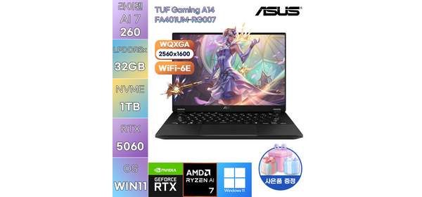 ASUS TUF Gaming A14 FA401UM-RG007 라이젠7 RTX5060 WIN11 설치 고사양 게임용 작업용 노트북, WIN11 Pro, 512GB, 512GB 1