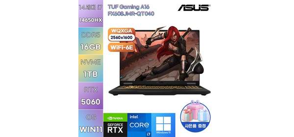 ASUS TUF Gaming F16 FX608JMR-QT040 i7-14650HX RTX5060 WIN11 설치 고사양 게임용 작업용 노트북, WIN11 Pro, 16GB, 1TB