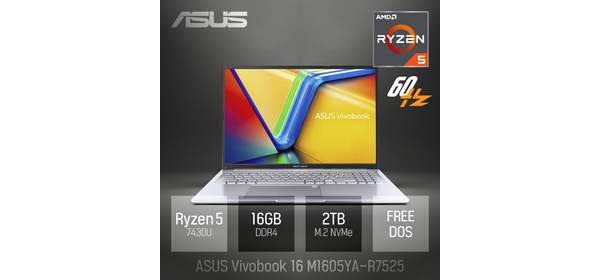 ASUS 16 M1605YA-R7525 / 16인치 대화면 포토샵 영상편집 업무용 노트북 [무선 마우스 & 패드 증정], Free DOS, 16GB, 2TB, 쿨실버
