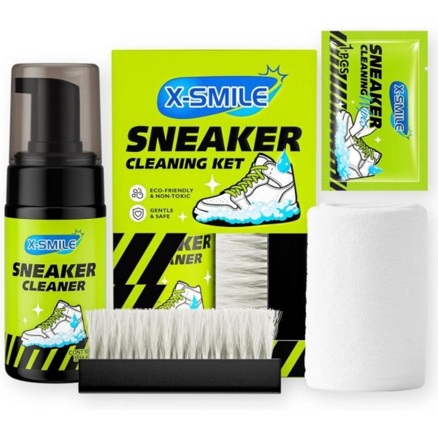 XSMILE 스니커즈 세척 키트 흰색 신발용 폼 클리너 PU 합성 소재 캔버스 메쉬 고무용 브러시 수건 물티슈 100ml