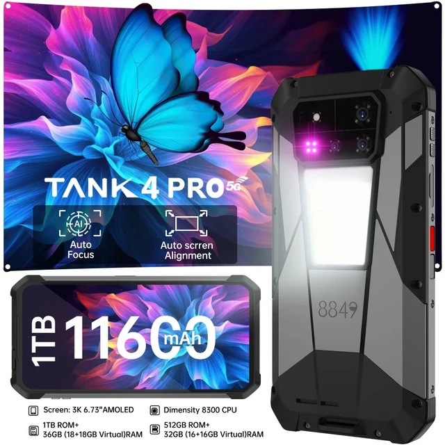 유니허츠 8849 탱크 4 프로 5G 러기드 프로젝터 스마트폰 안드로이드 6.73인치 디멘시티 8300 CPU 3k AMOLE