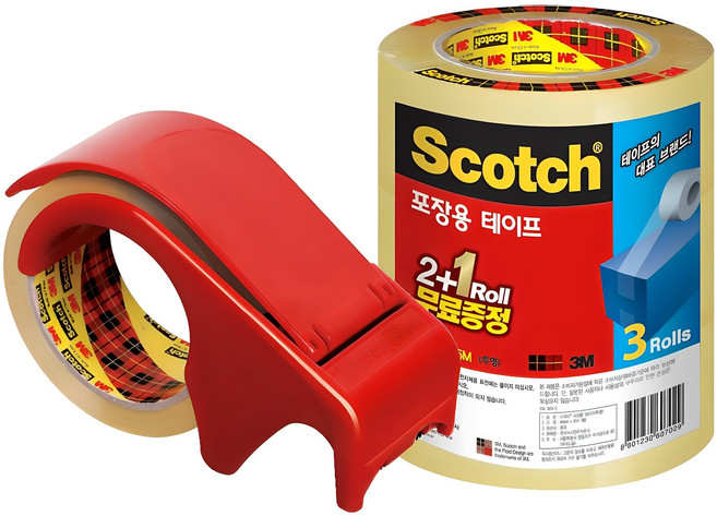 스카치 포장용 테이프 디스펜서 DP-300RD + 리필 3625V 48mm × 25m 3p 세트, 투명, 1세트