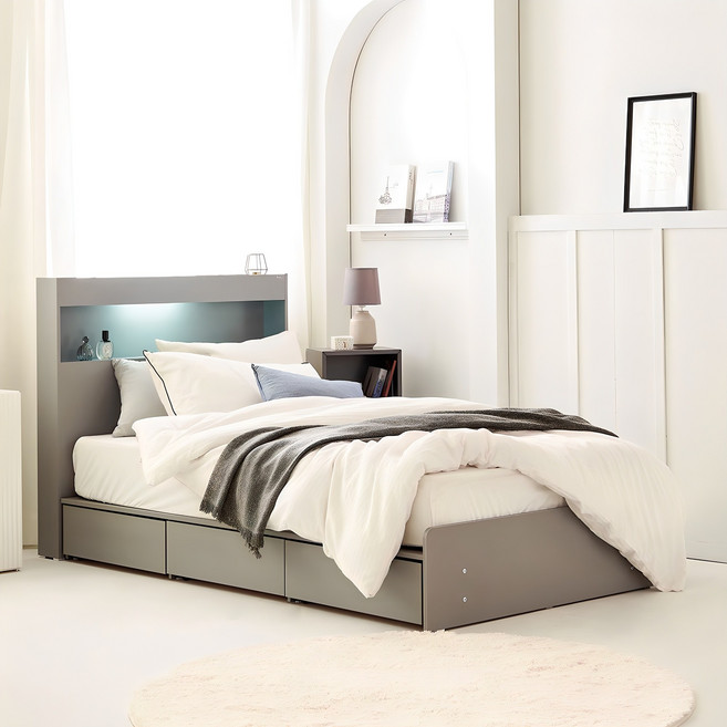 동서가구 이즈 카이 1단 3서랍 LED 수납침대 프레임 단품 방문설치, 그레이