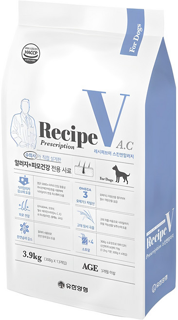 유한양행레시피브이 강아지 처방식사료, 피부/피모+알러지, 3.9kg, 1개