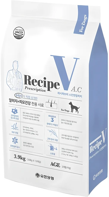 유한양행레시피브이 강아지 처방식사료, 피부/피모+알러지, 3.9kg, 1개 - 쿠팡