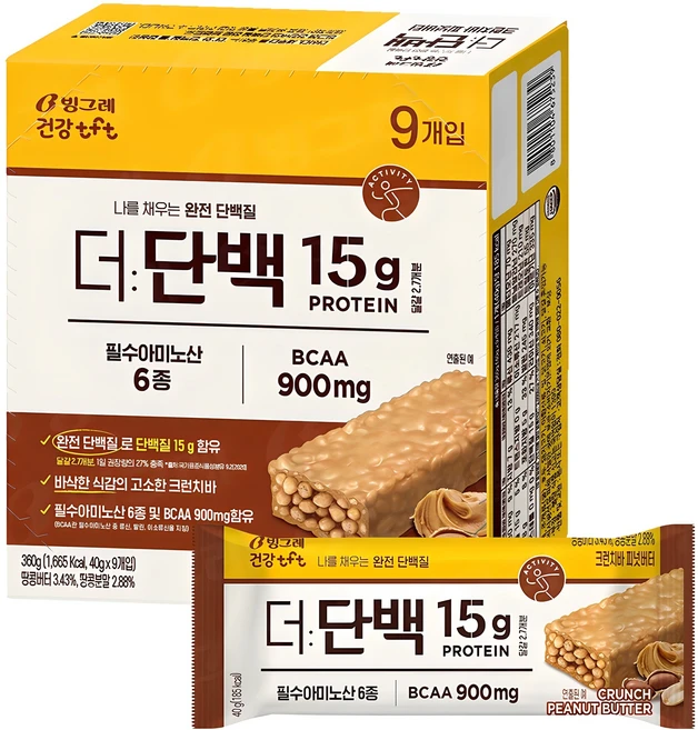 더단백 크런치 프로틴바 피넛버터 9p, 360g, 1개 - 쿠팡