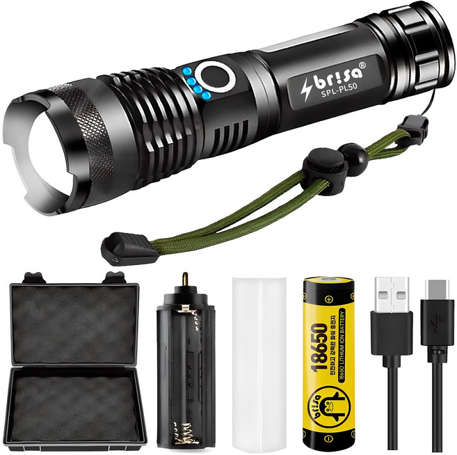 브리사 LED 후레쉬 충전식 써치라이트 PL50 + 18650 배터리, 블랙, 1세트