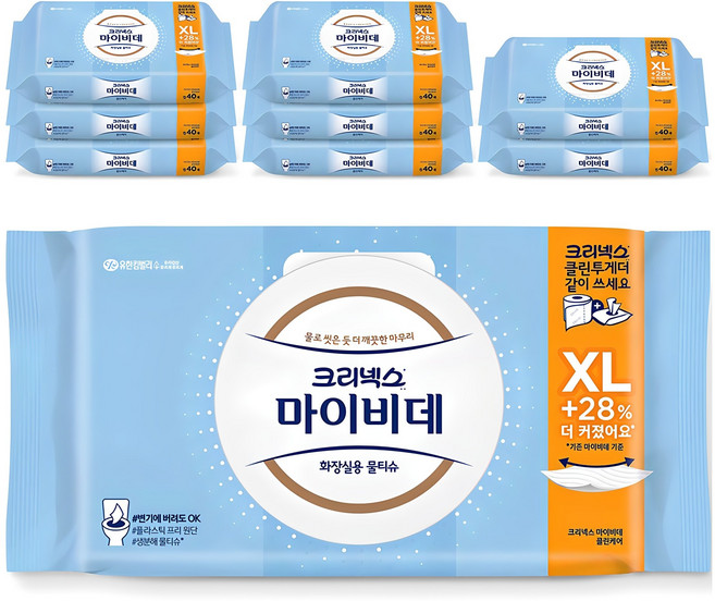 마이비데 클린케어 화장실용 물티슈 캡형 엑스라지, 55g, 40매, 9개