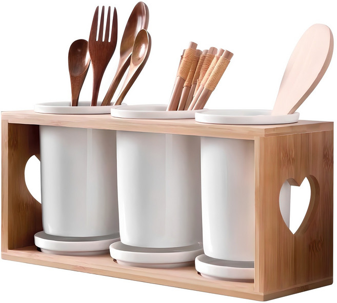 벨로비 원목 3구 도자기 수저통, 혼합색상, 1세트